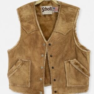 Schott NYC Western Vest Mens 46 Brown Faux Shearling Lined Suede Rancher Vintage